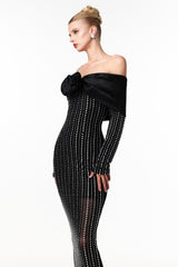 Uareni Elegant Contour Off Shoulder Crystal Floral Mesh Maxi Dress