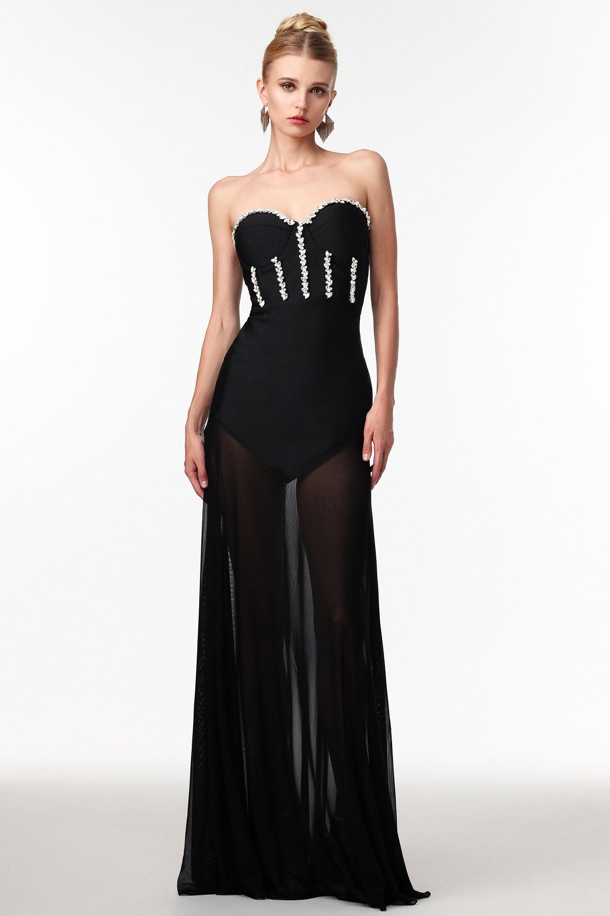 Samira Sexy Contour Rhinestone Bandage Mesh Maxi Dress