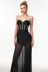 Samira Sexy Contour Rhinestone Bandage Mesh Maxi Dress