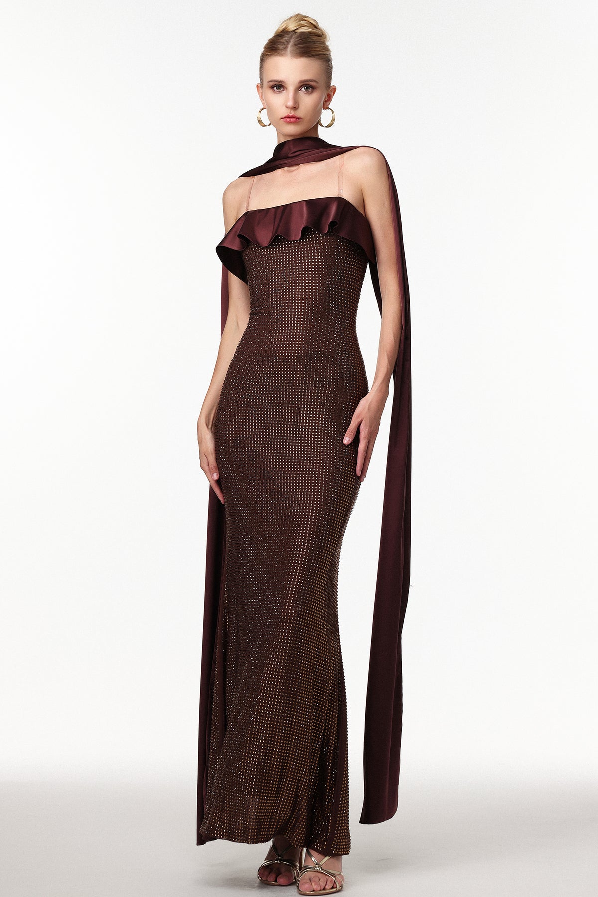 Zainab Elegant Contour Rhinestone Knit Maxi Dress