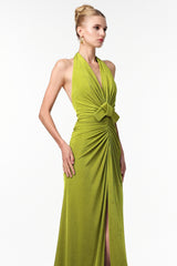 Jalila Sexy Contour V Neck Ruched Knot Slit Knit Maxi Dress