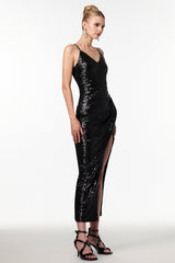 Katty Sexy Contour V Neck Sleeveless Slit Sequin Maxi Dress