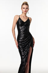 Katty Sexy Contour V Neck Sleeveless Slit Sequin Maxi Dress