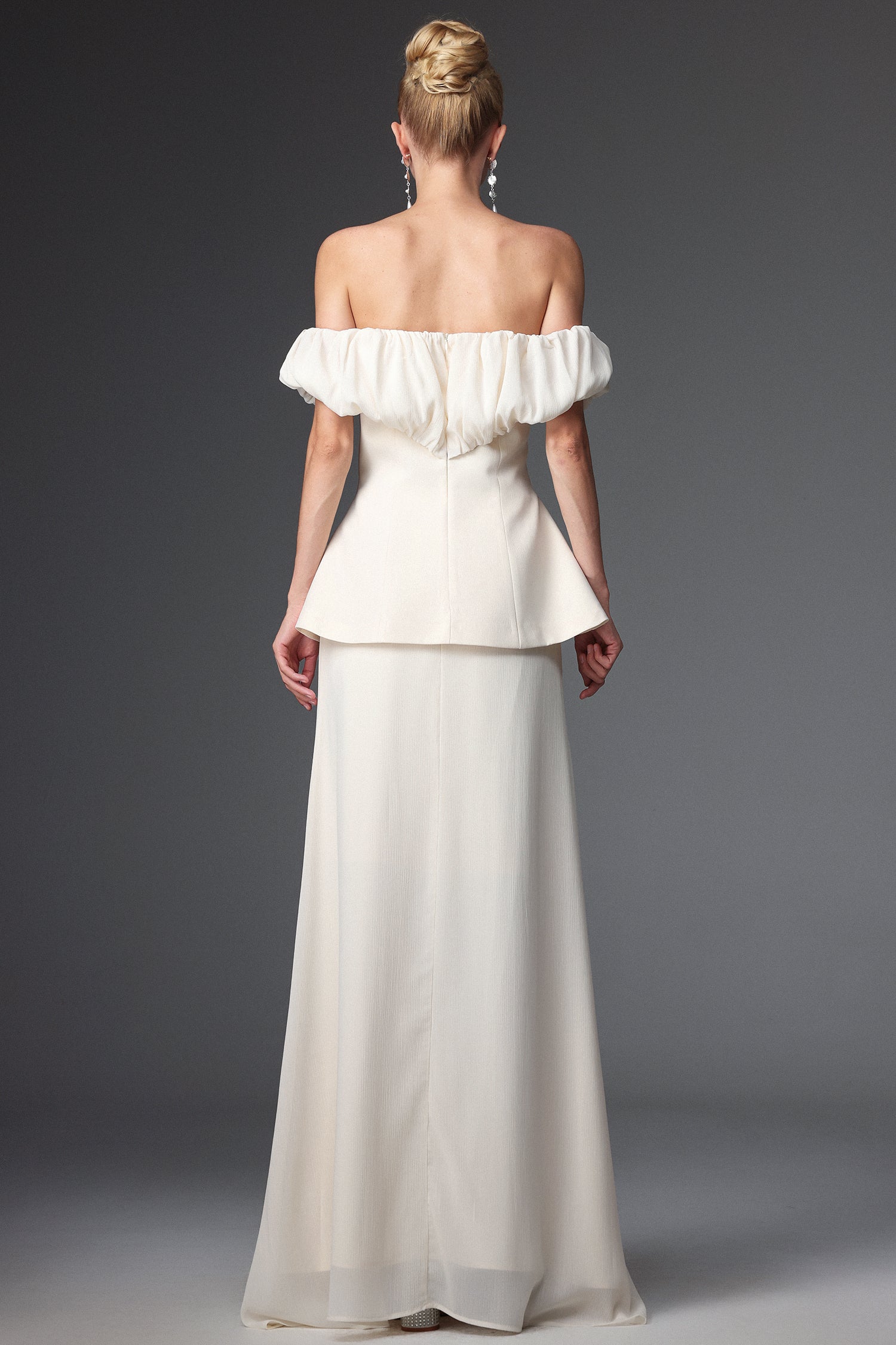 Mamie Elegant Tailored Off Shoulder Ruched Two Piece Set