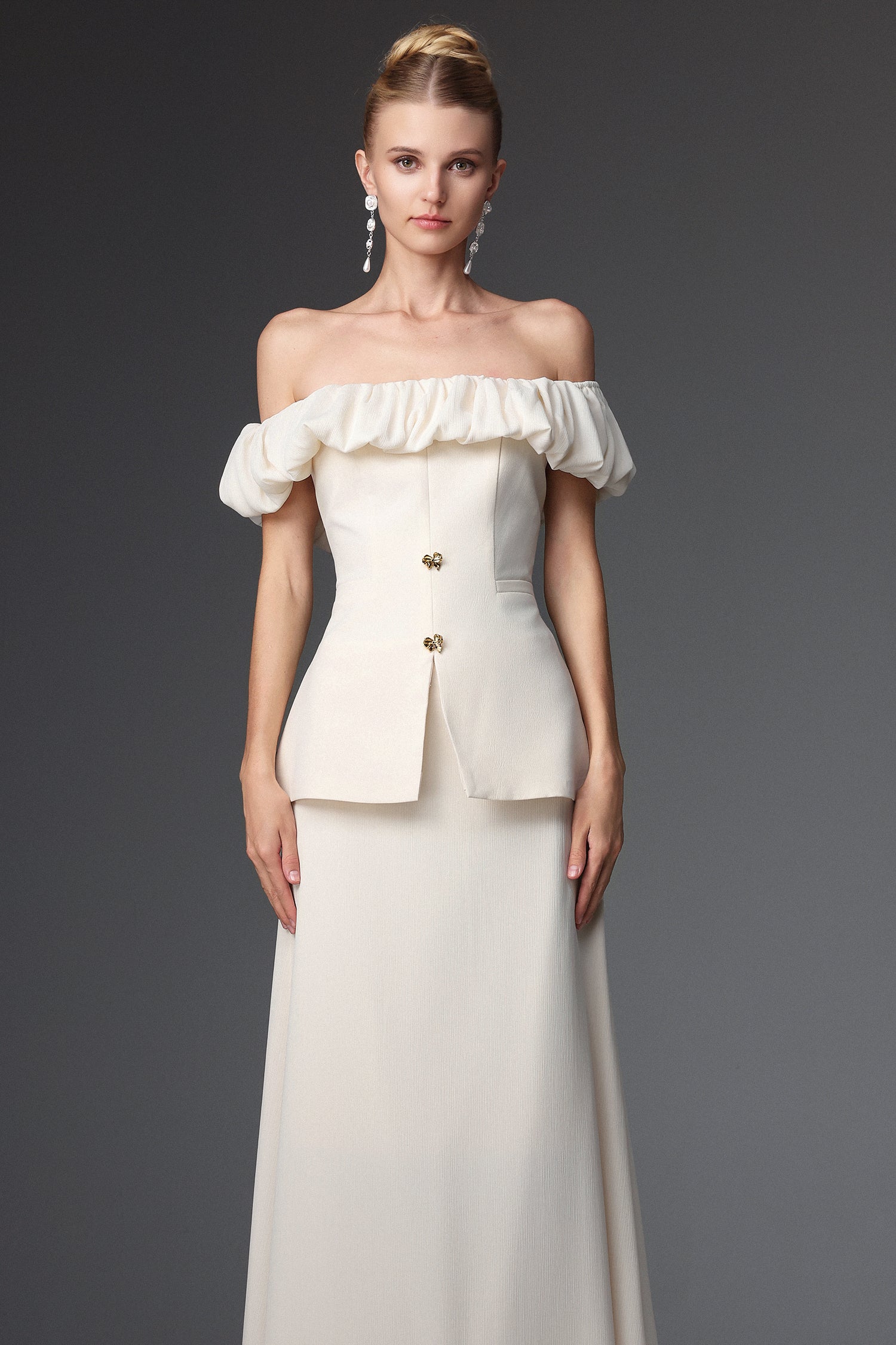 Mamie Elegant Tailored Off Shoulder Ruched Two Piece Set