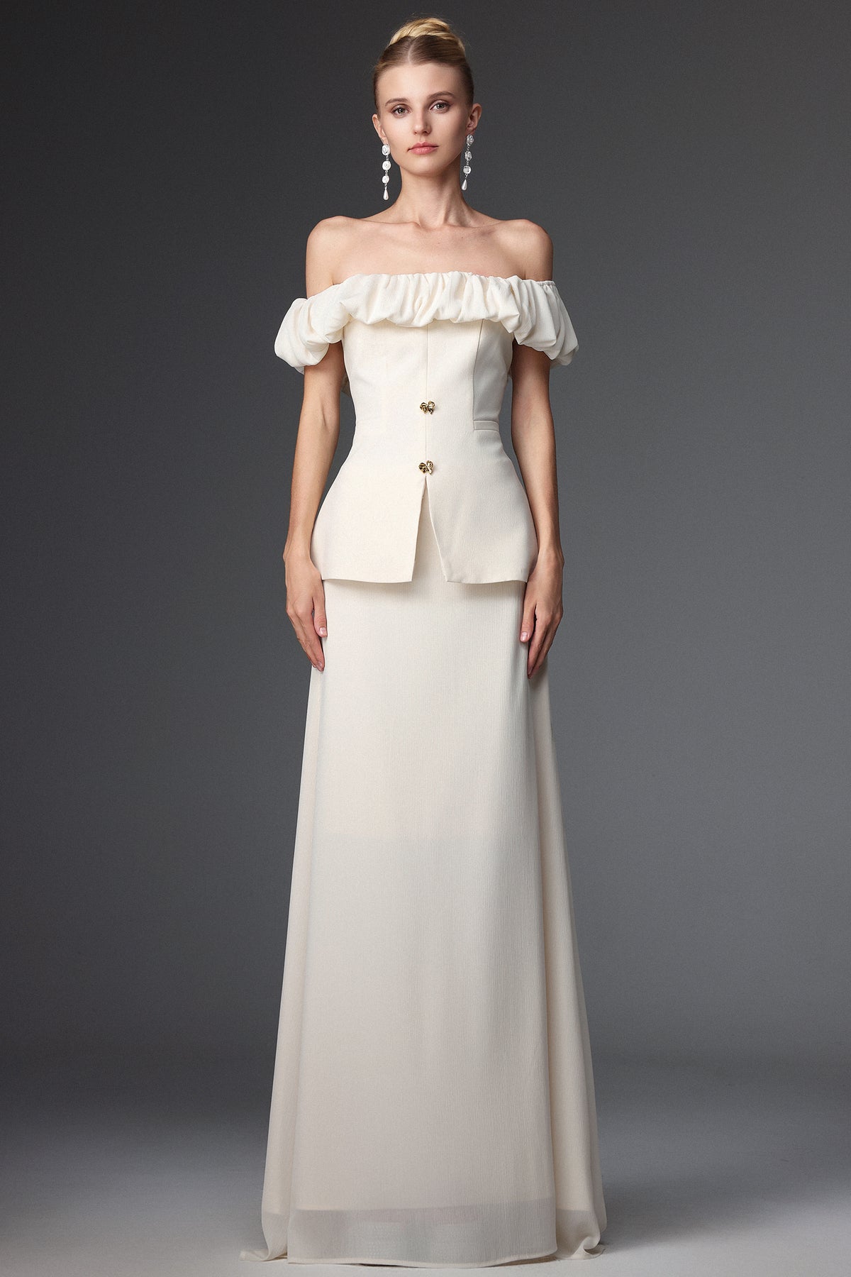 Mamie Elegant Tailored Off Shoulder Ruched Two Piece Set