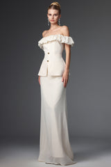 Mamie Elegant Tailored Off Shoulder Ruched Two Piece Set