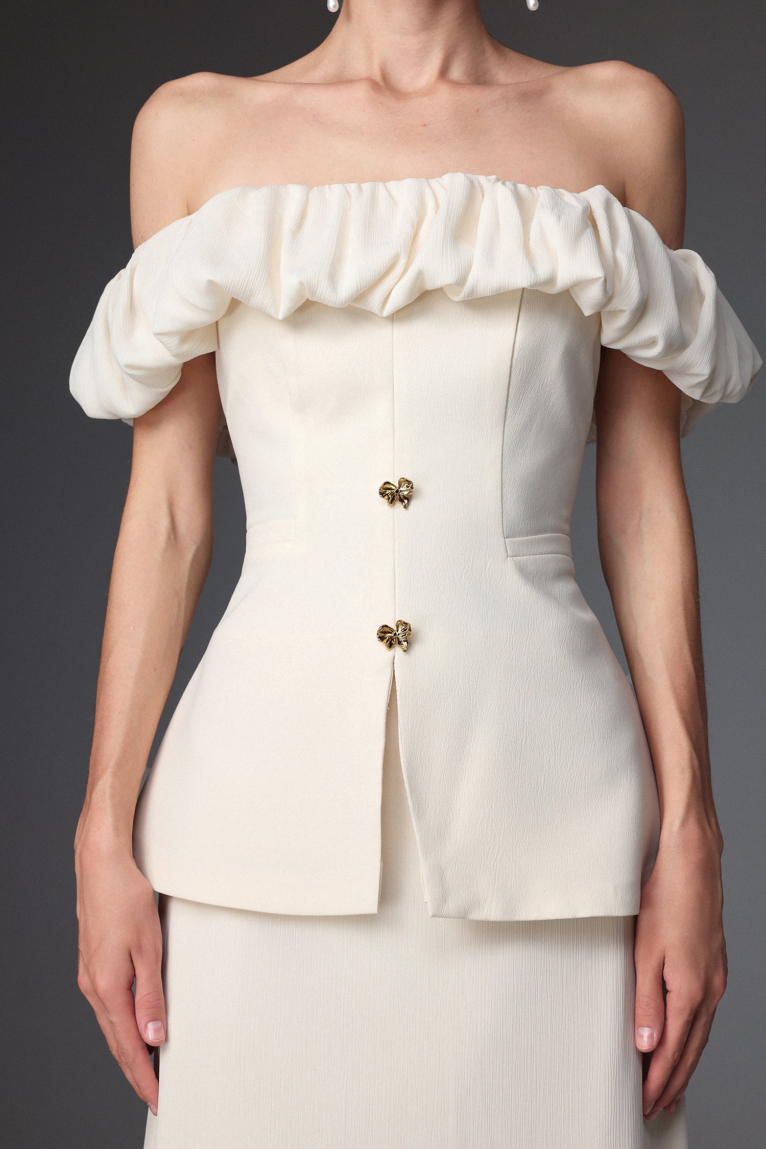 Mamie Elegant Tailored Off Shoulder Ruched Two Piece Set