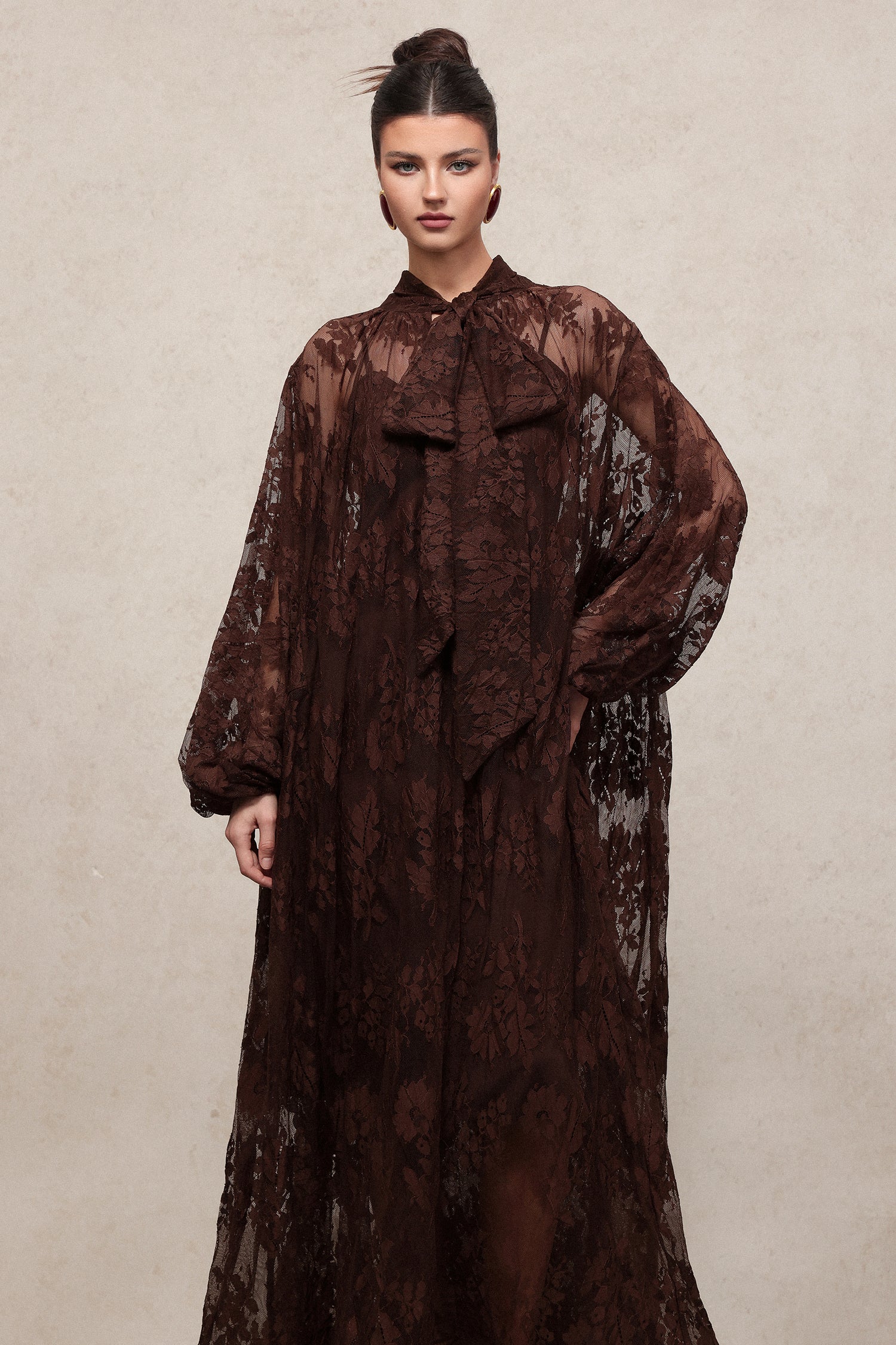 Deliyn Resort Flowy Long Sleeve Embroidered Mesh Lace Maxi Dress