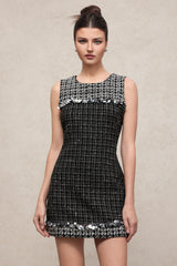 Spola Elegant Contour Round Neck Sleeveless Sequin Tweed Mini Dress