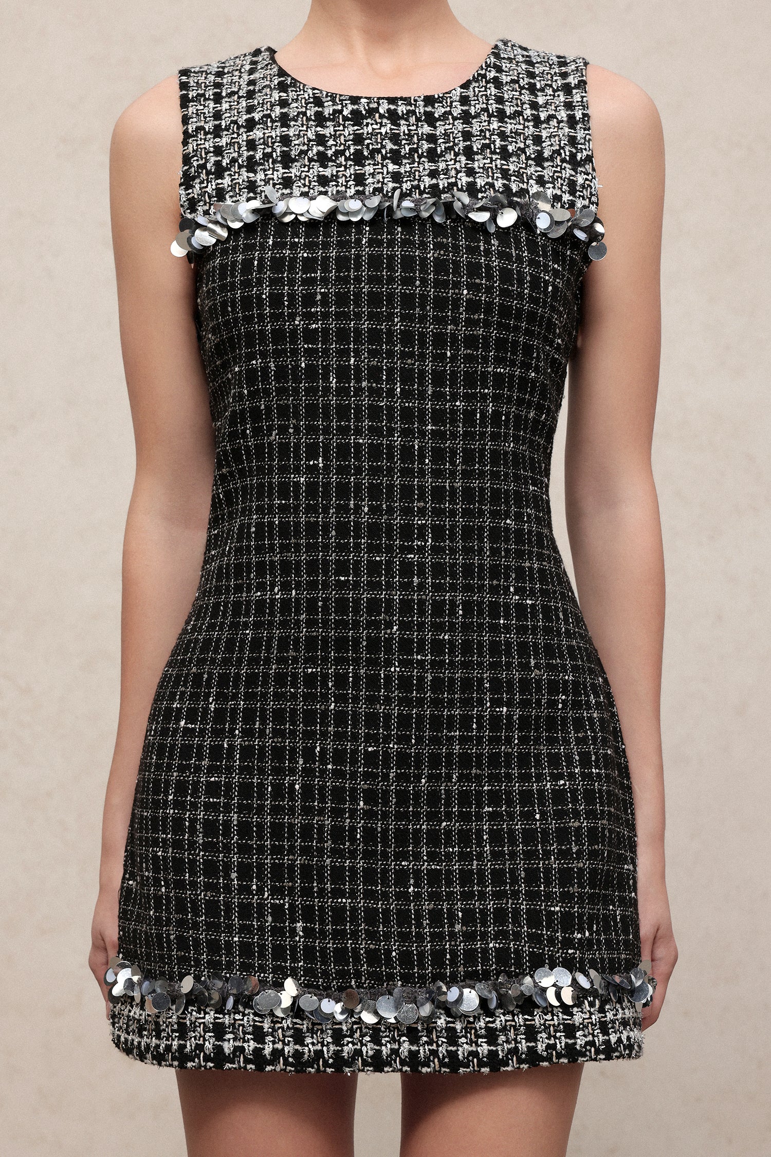 Spola Elegant Contour Round Neck Sleeveless Sequin Tweed Mini Dress