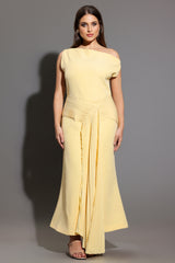 Paulina Oblique Shoulder Sleeveless Folds Yellow Midi Dress