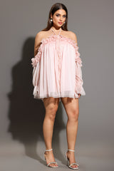 Estella Long Sleeves Flowers Folds Mini Dress