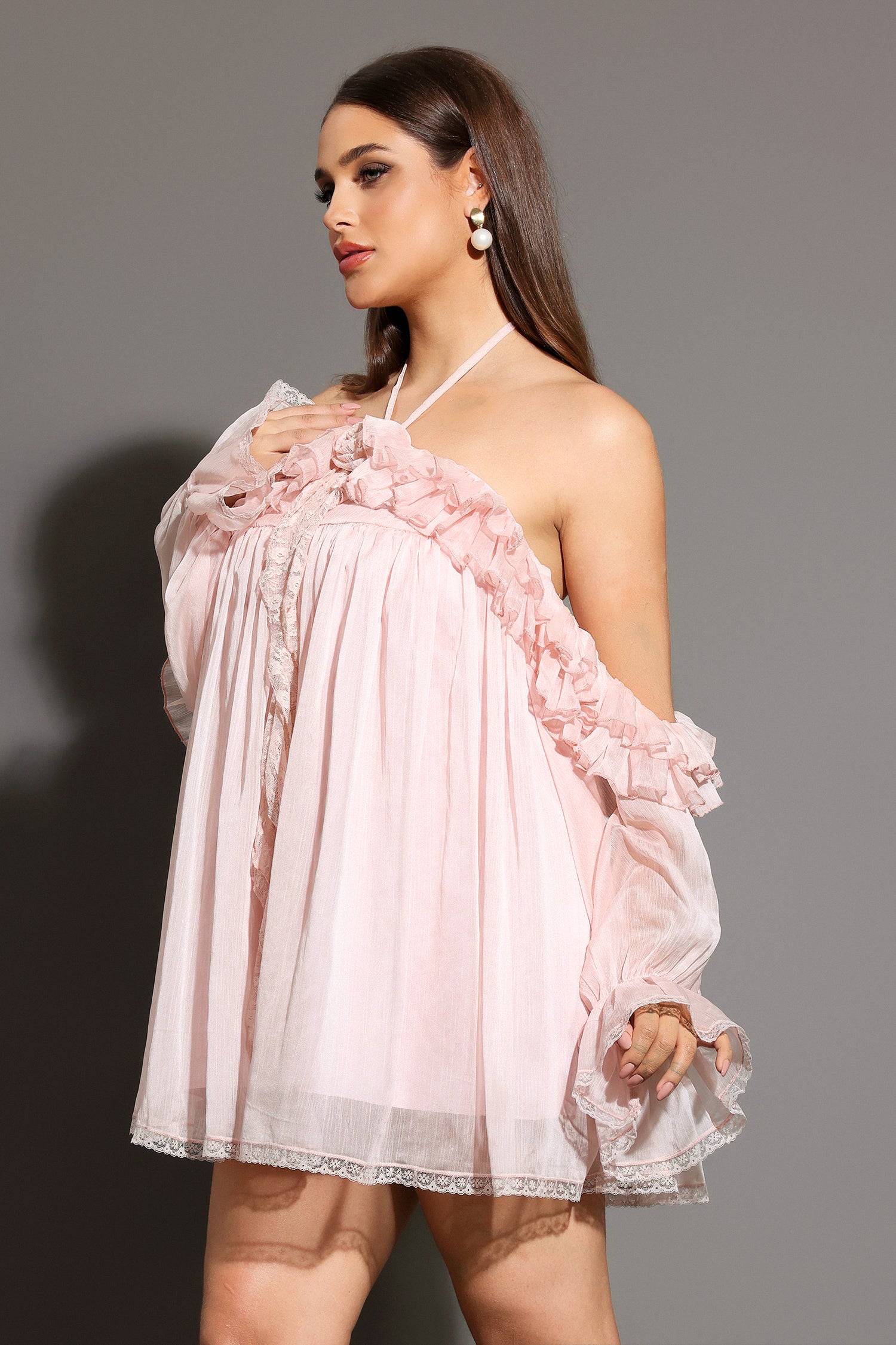 Estella Long Sleeves Flowers Folds Mini Dress