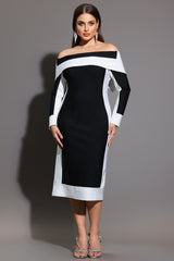 Mattey Off-The-Shoulder Long Sleeves Stripes Bandage Midi Dress