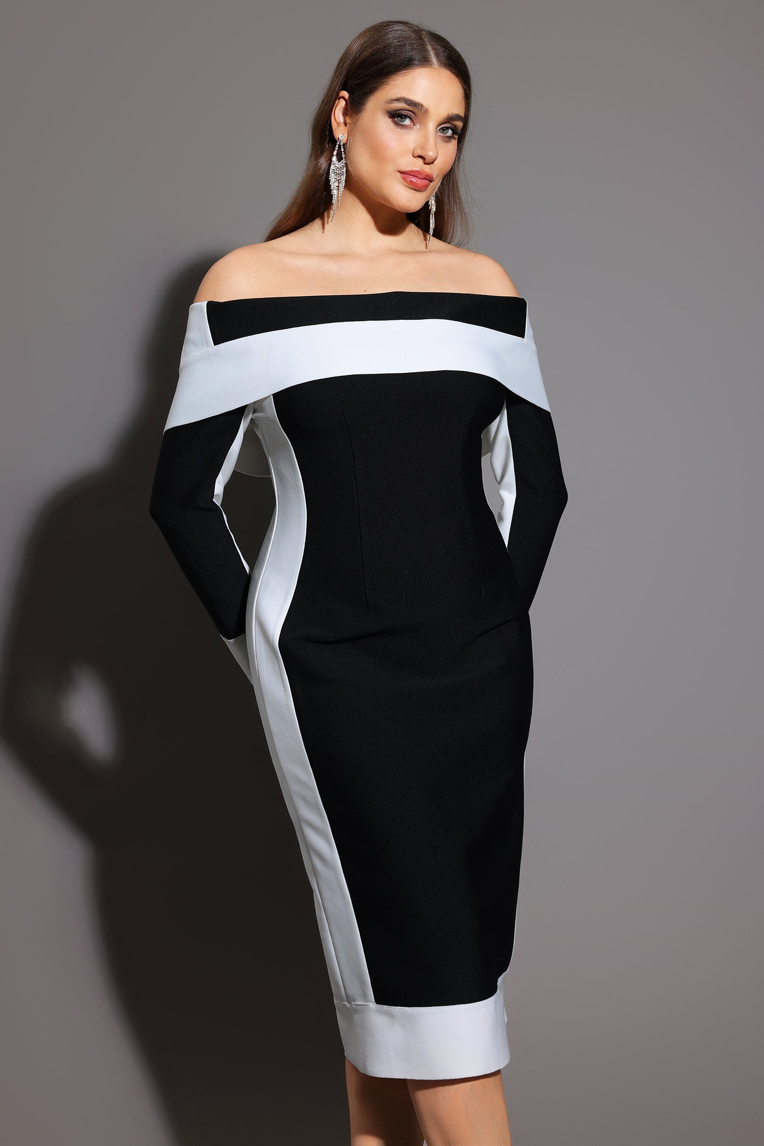 Mattey Off-The-Shoulder Long Sleeves Stripes Bandage Midi Dress