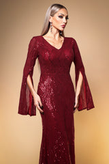 Kamaria Elegant Lustrous Cape Sleeve Sequin Red Maxi Dress