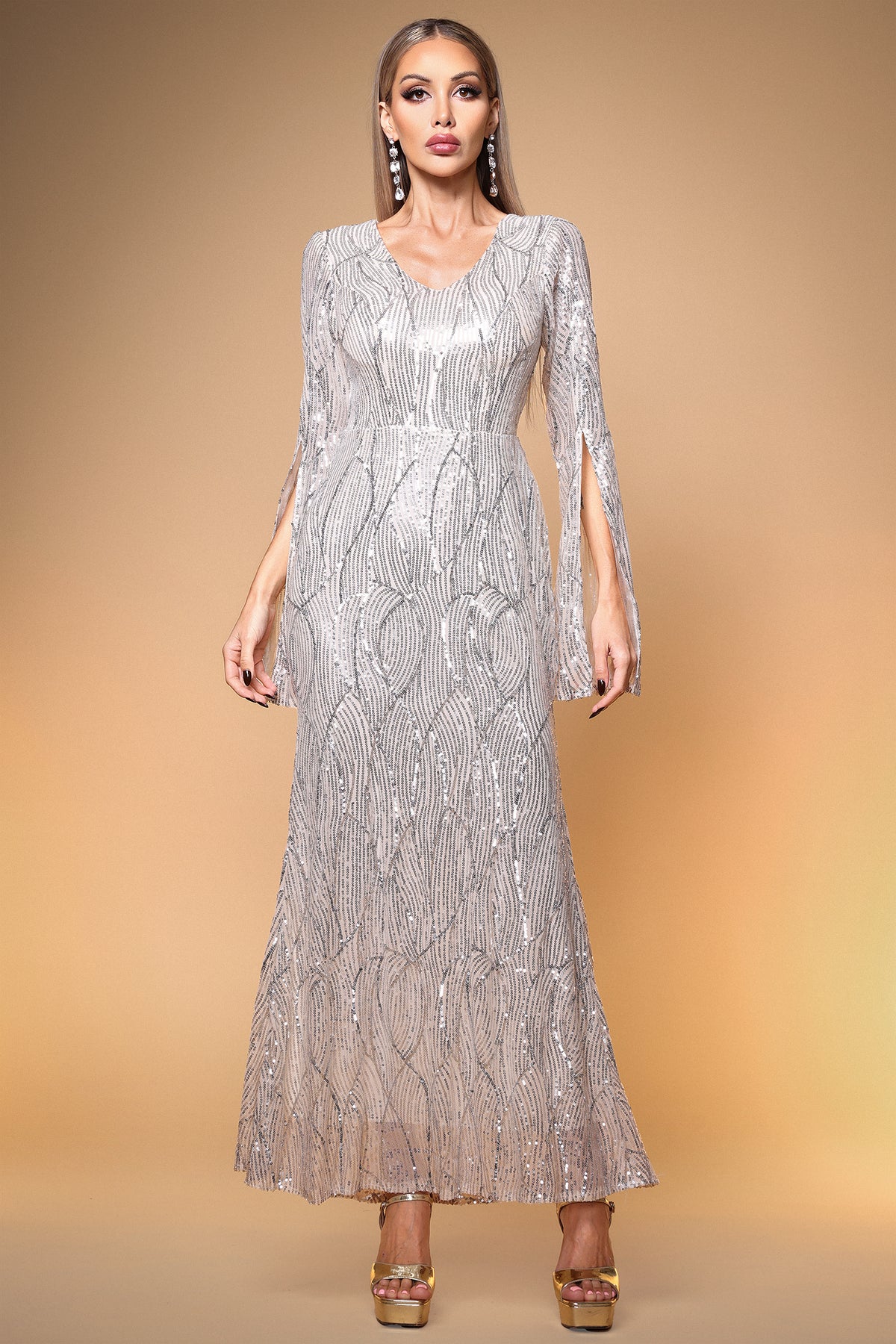 Kamaria Elegant Lustrous Cape Sleeve Sequin White Maxi Dress