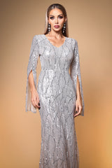 Kamaria Elegant Lustrous Cape Sleeve Sequin White Maxi Dress