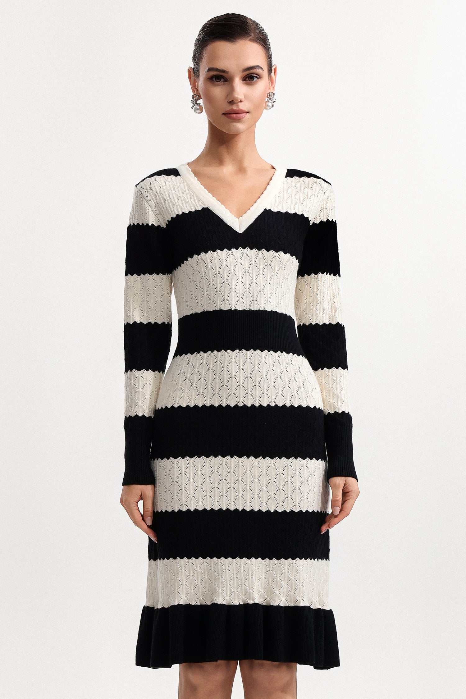 Donnica Elegant Contour V Neck Long Sleeve Stripe Knit Mini Dress