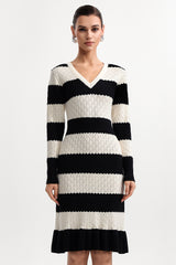 Donnica Elegant Contour V Neck Long Sleeve Stripe Knit Mini Dress