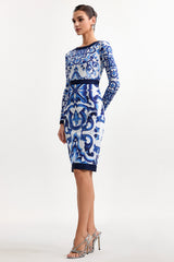 Nerlii Classic Tailored Round Neck Long Sleeve Printed Woven Midi Dress