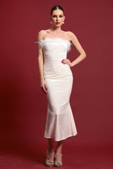 Fala Glamorous Contour Strapless Ruched Feather Velvet Maxi Dress