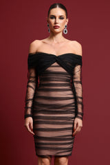 Gracie Sexy Contour Off Shoulder Ruched Mesh Bandage Midi Dress