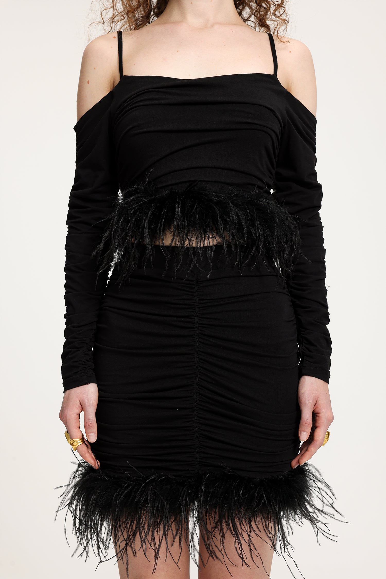 Feather-Trimmed Ruched Off-Shoulder Jersey Set