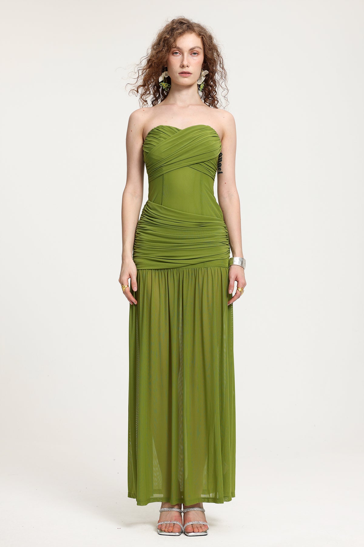 Olive Green Strapless Ruched Mesh Maxi Dress