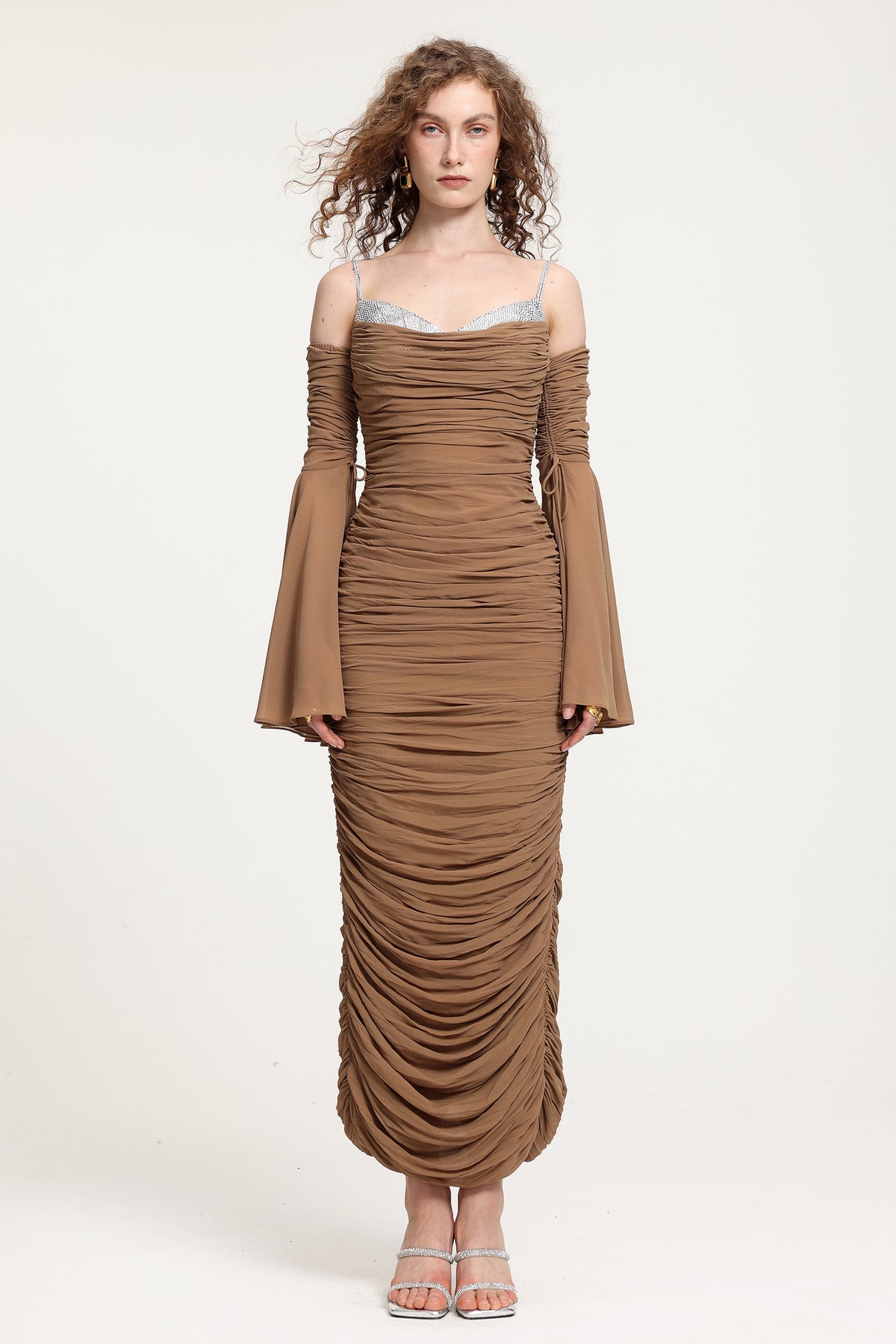 Ruched Off-Shoulder Maxi Dress With Bell Sleeves
