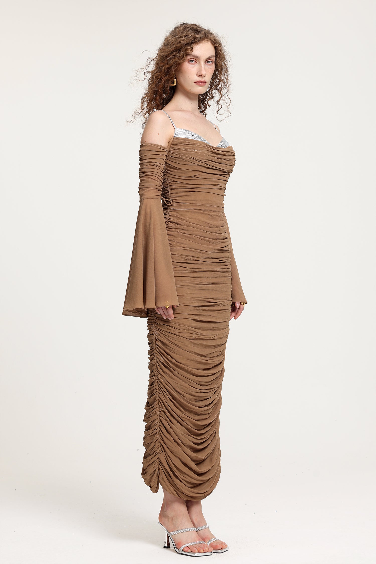 Ruched Off-Shoulder Maxi Dress With Bell Sleeves