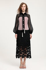 Black Sheer Mesh & Pink Fringe-Textured Top With Balloon Sleeves