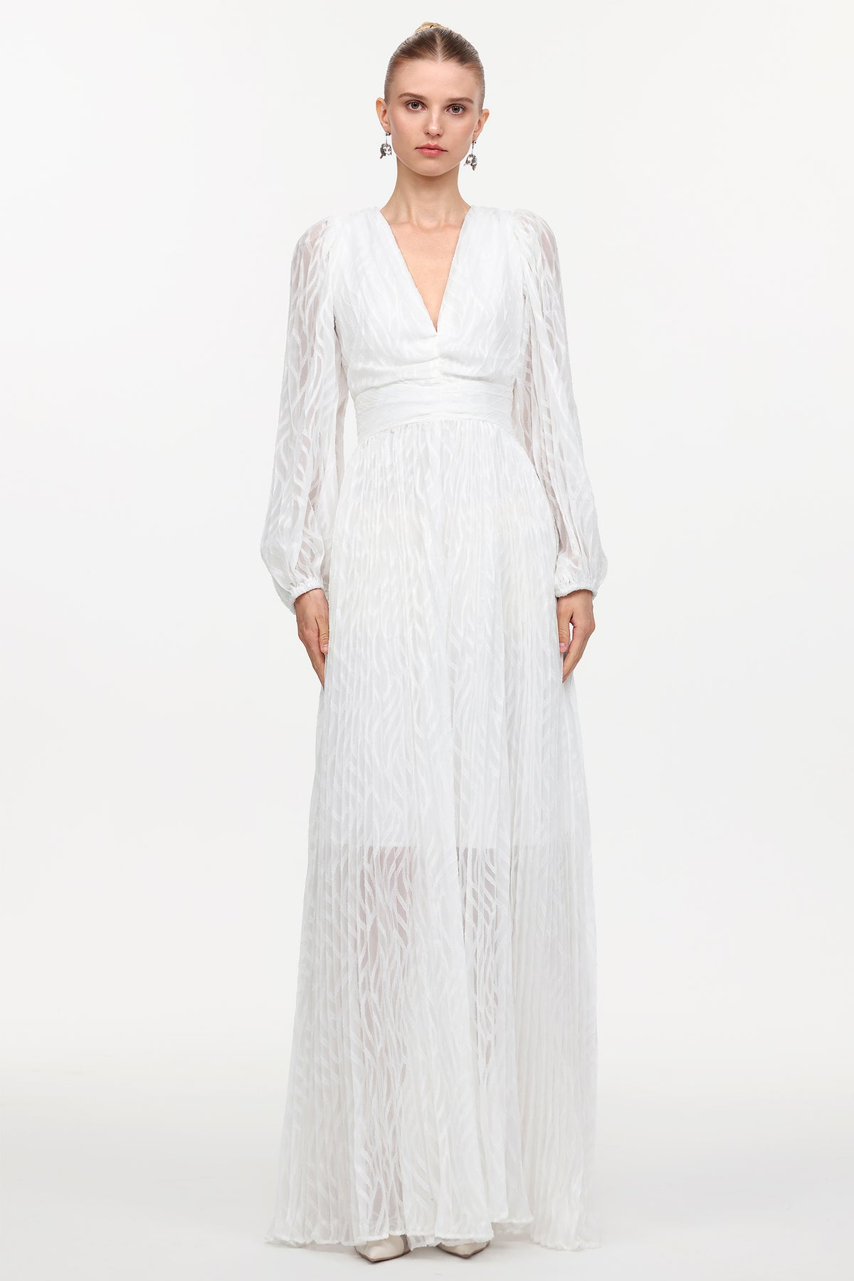 Loretta Resort Flowy V-Neck Long Sleeve Ruched Woven Maxi Dress