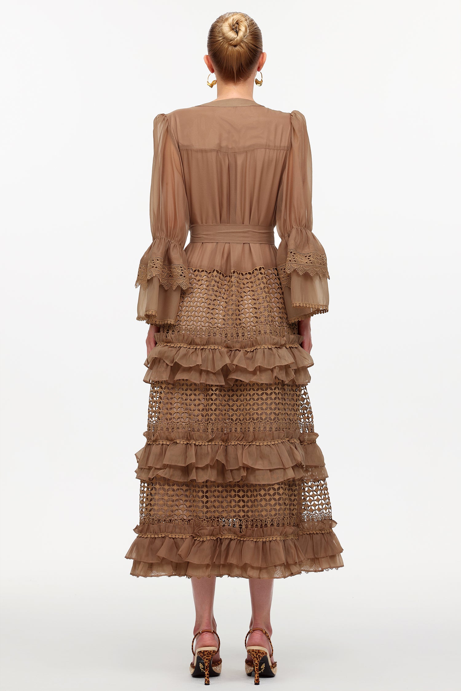 Hakula Resort Flowy Long Sleeve Falbala Lace Woven Maxi Dress