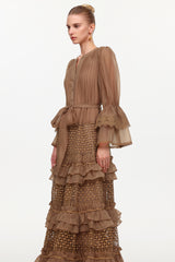 Hakula Resort Flowy Long Sleeve Falbala Lace Woven Maxi Dress