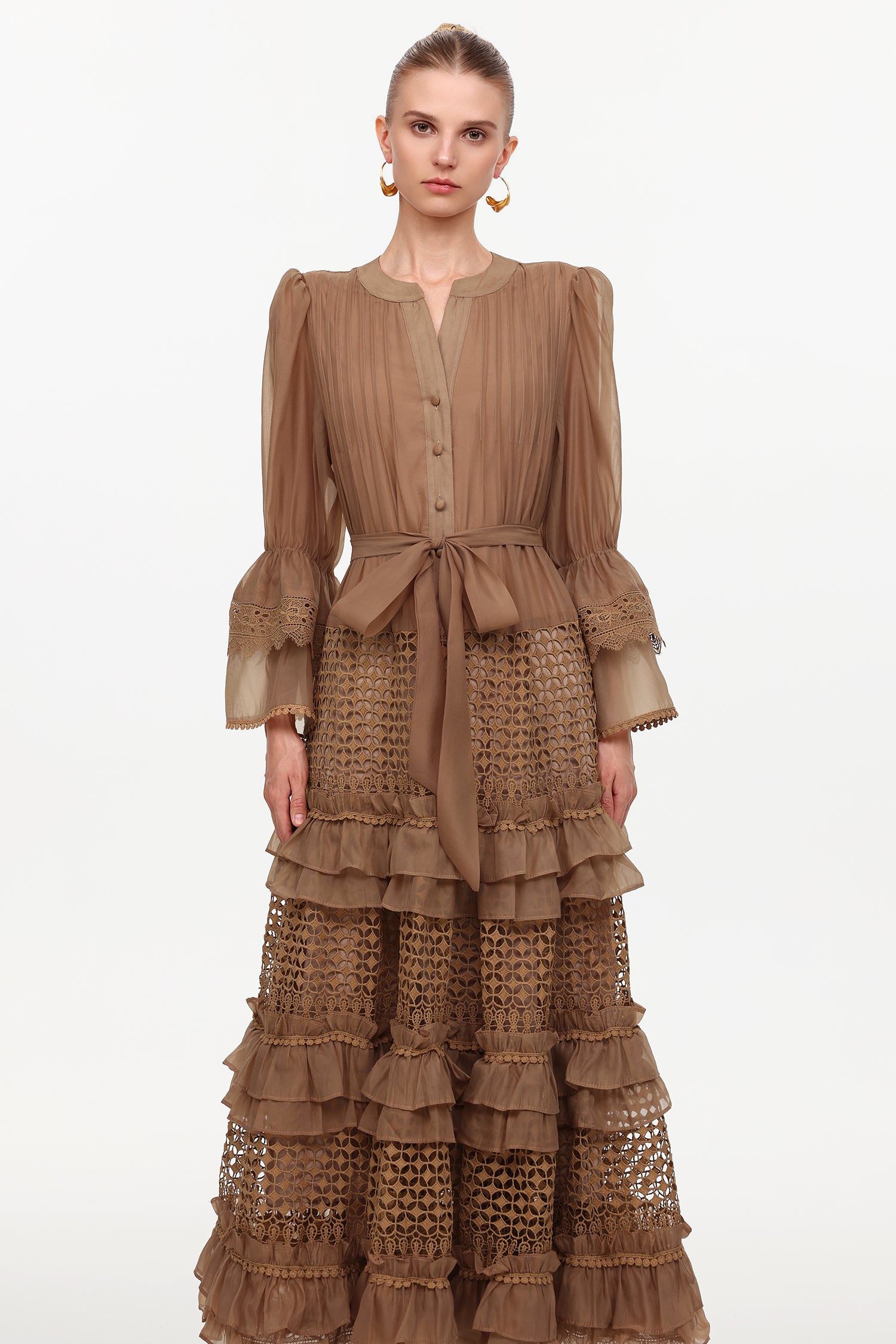 Hakula Resort Flowy Long Sleeve Falbala Lace Woven Maxi Dress