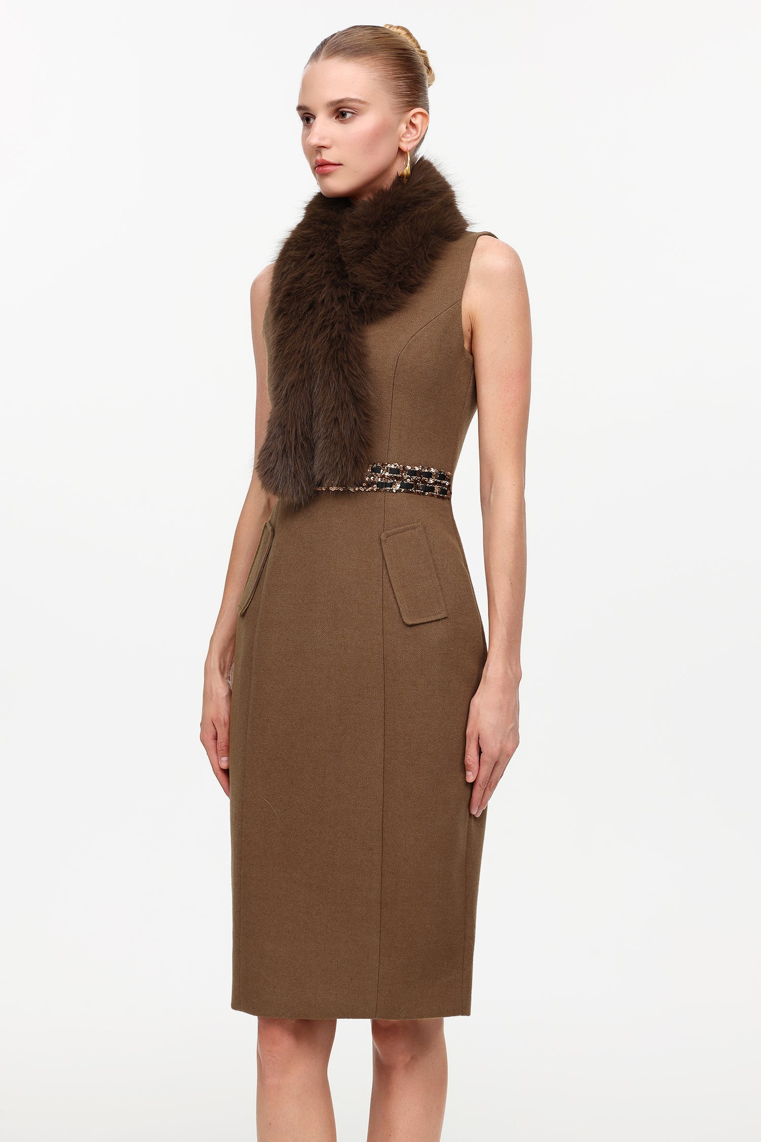 Erise Elegant Tailored Sleeveless Faux Fur Woven Midi Dress