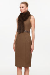 Erise Elegant Tailored Sleeveless Faux Fur Woven Midi Dress