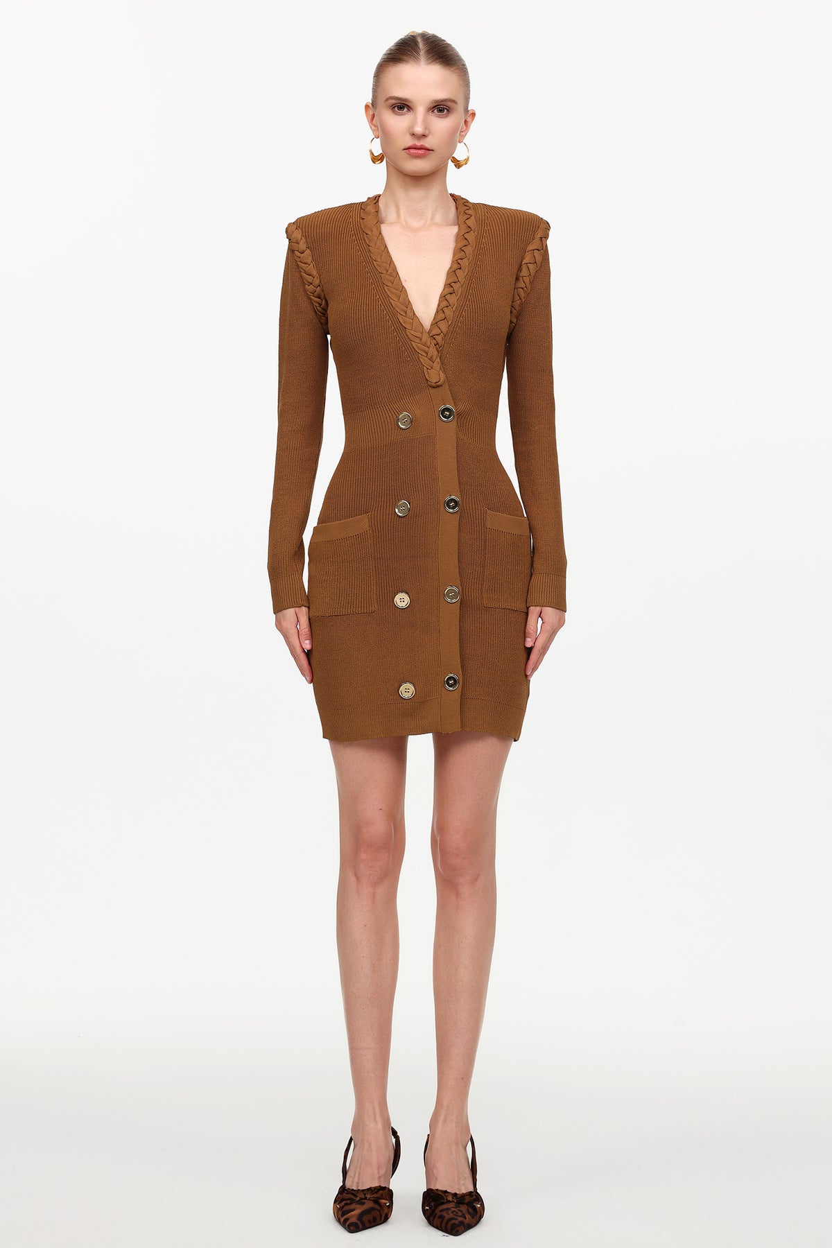 Ulasa Classic Cinched Waist V-Neck Long Sleeve Knit Mini Dress
