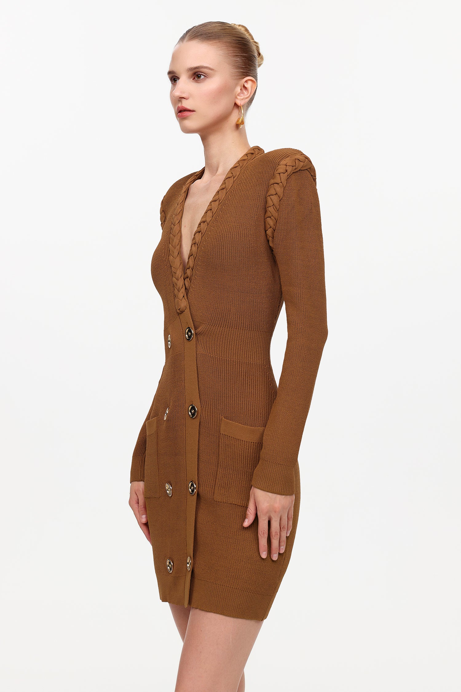 Ulasa Classic Cinched Waist V-Neck Long Sleeve Knit Mini Dress
