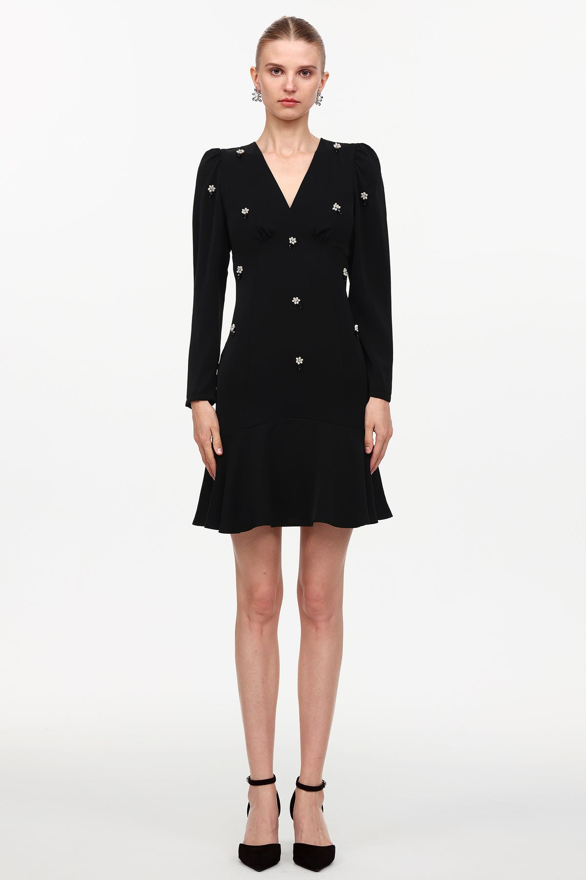 Jiusi Elegant Cinched Waist V-Neck Long Sleeve Beaded Woven Mini Dress