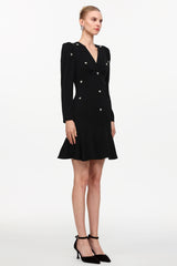 Jiusi Elegant Cinched Waist V-Neck Long Sleeve Beaded Woven Mini Dress