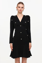 Jiusi Elegant Cinched Waist V-Neck Long Sleeve Beaded Woven Mini Dress