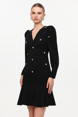 Jiusi Elegant Cinched Waist V-Neck Long Sleeve Beaded Woven Mini Dress