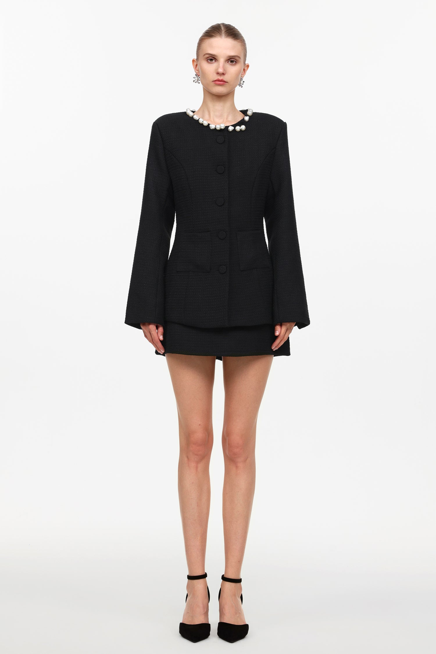 Gabriella Classic Tailored Round Neck Long Sleeve Pearl Woven Top And Skirt Two-Piece Set