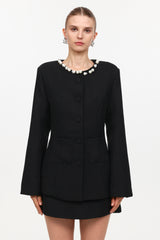 Gabriella Classic Tailored Round Neck Long Sleeve Pearl Woven Top And Skirt Two-Piece Set