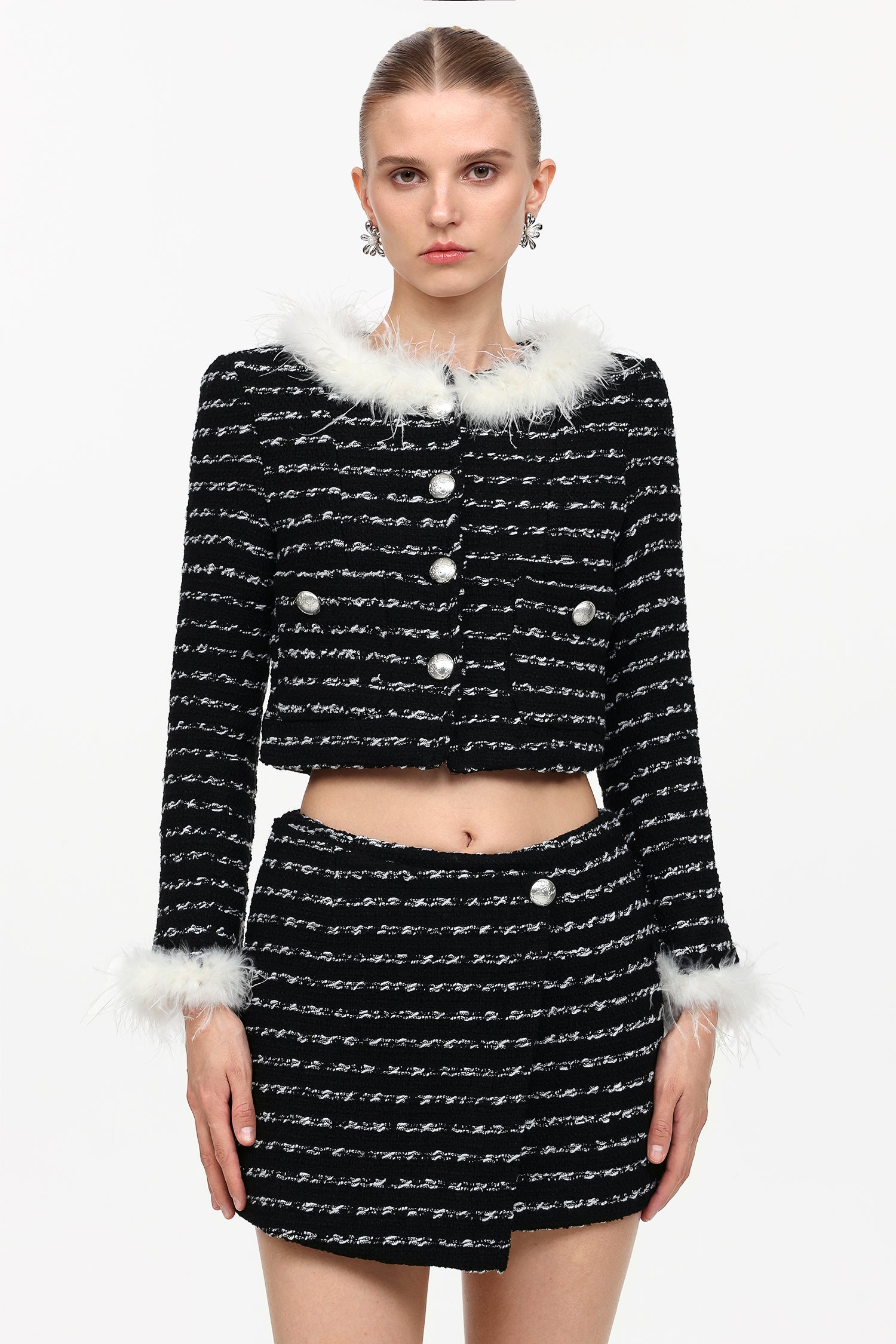 Verza Classic Tailored Long Sleeve Feather Tweed Top And Skirt Two-Piece Set