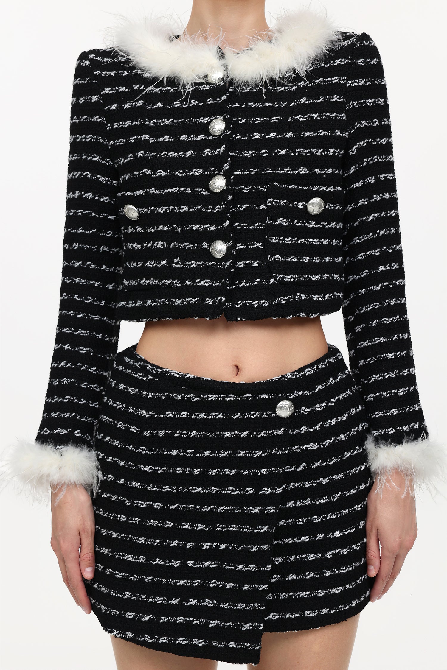 Verza Classic Tailored Long Sleeve Feather Tweed Top And Skirt Two-Piece Set