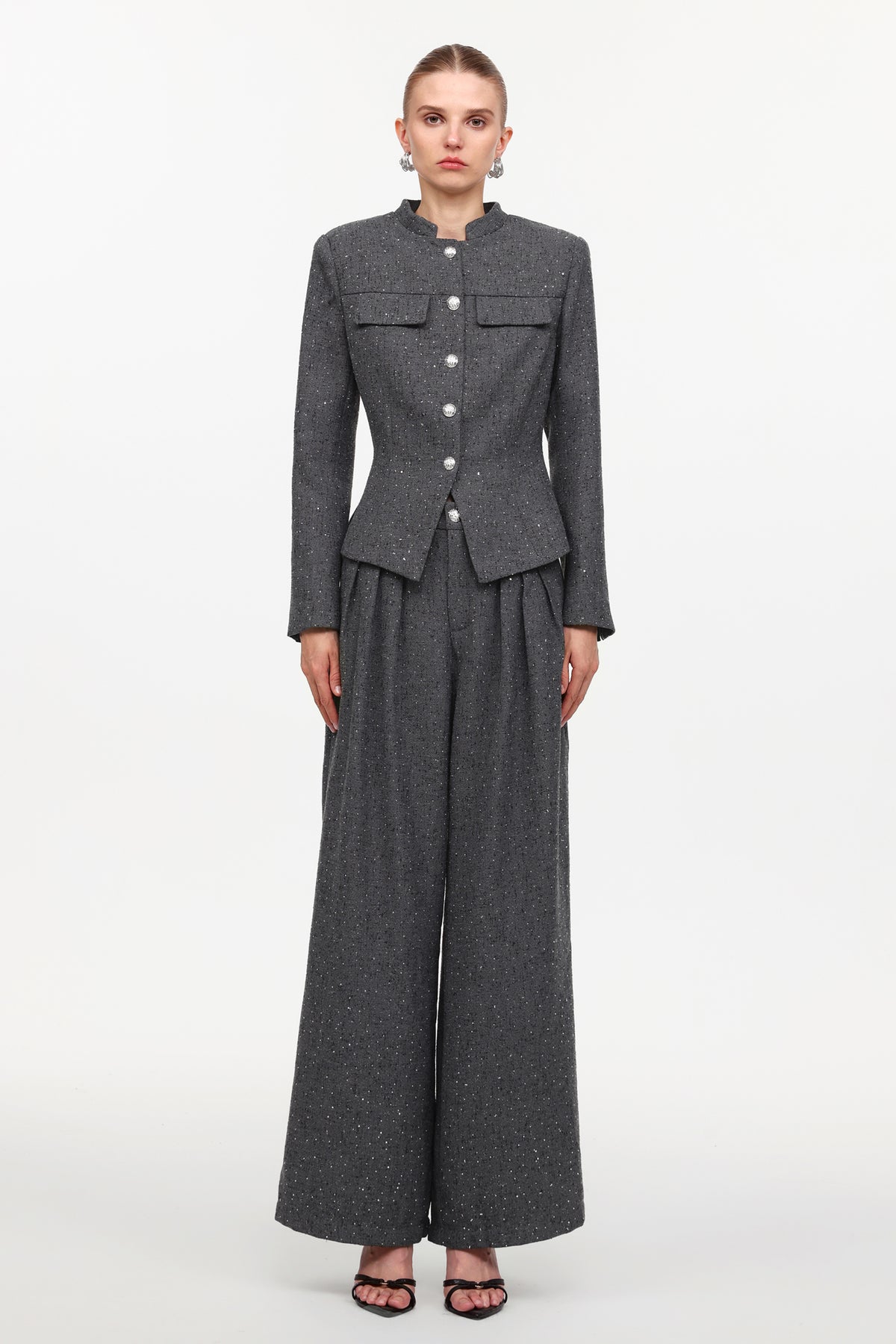 Jye Classic Tailored Long Sleeve Rhinestone Woven Blazer And Pants Two-Piece Set